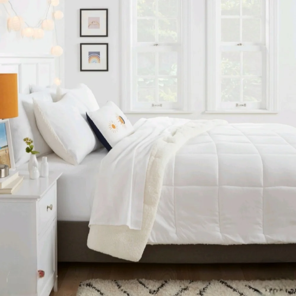 Room Essentials Faux Shearling Washed Microfiber Reversible Comforter white Twin